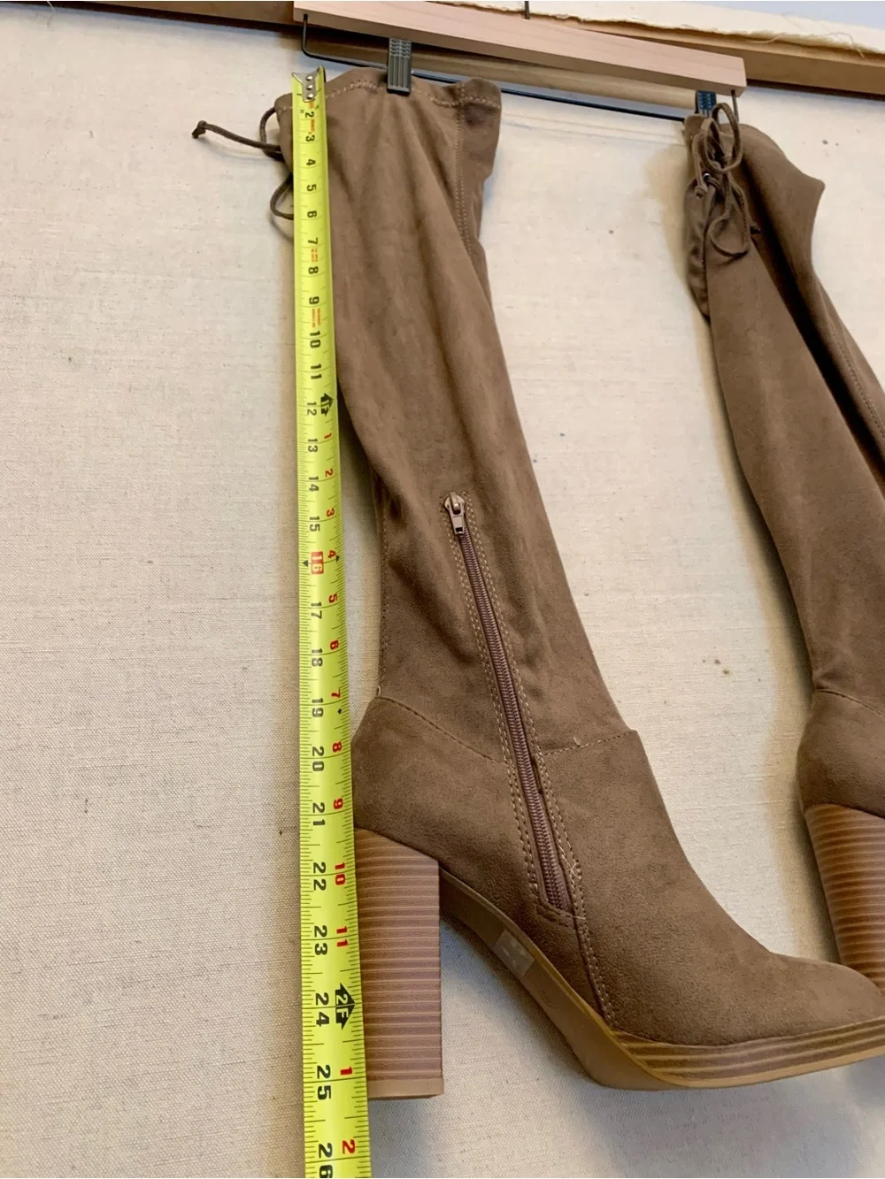Tall Tan Suede Platform Boots  - Women's Thigh-High Heels, Size 7.5